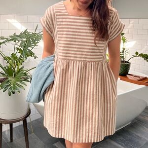 Listicle Beige and White Striped Babydoll Mini Dress